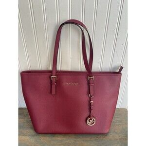 Michael Kors Jet Set Travel Saffiano Leather Top-Zip Tote Mulberry/Red Large EUC